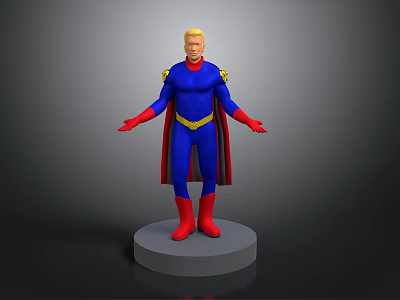 3D Superhero Character Model With Blue Costume Red Cape Yellow Belt And Red Boots 3d model