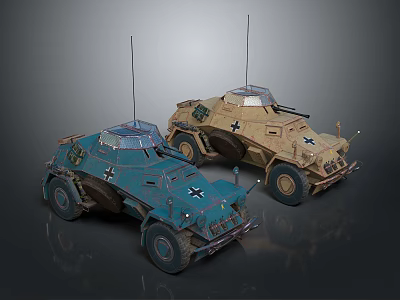 Two Military Reconnaissance Vehicles With Antennas Cross Marks Different Colors And Rugged Wheels 3d model