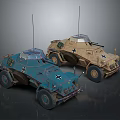 Two Military Reconnaissance Vehicles With Antennas Cross Marks Different Colors And Rugged Wheels