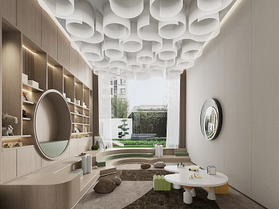 Modern Leisure Area With Circular Ceiling Mirrors And Greenery 3d model