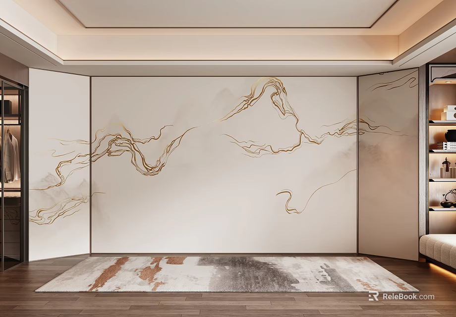 Luxurious Modern Interior With Golden Patterned Wall And Decorative Rug 3d model