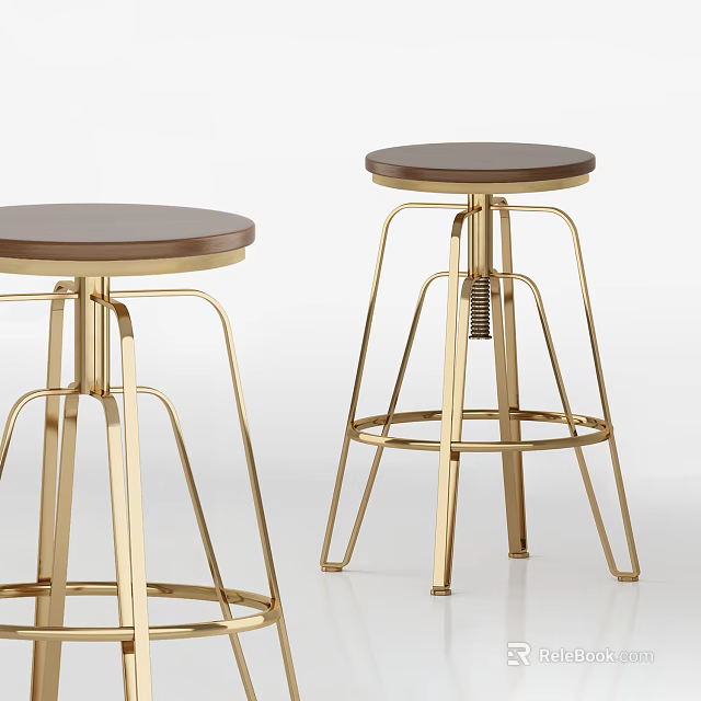 Modern Bar Stools With Golden Metal Frame And Round Brown Seat Design 3d model 