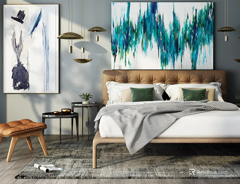 Double Bed with Tufted Headboard White Green Pillows Gray Striped Blanket Abstract Wall Paintings Hanging Lights 3d model 