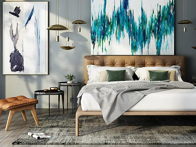 Double Bed with Tufted Headboard White Green Pillows Gray Striped Blanket Abstract Wall Paintings Hanging Lights 3d model