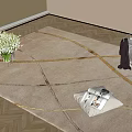 Beige Square Rug With Gold Lines On Wooden Floor White Flower Bouquet And Magazines