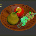 Fresh Assorted Fruits on a Wooden Plate with Yellow Pear Red Apple and Green Grapes