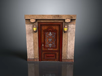Classic Wooden Door With Ornate Carved Design And Stone Pillars Featuring Lintel And Wall Lamps 3d model