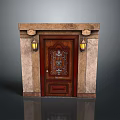 Classic Wooden Door With Ornate Carved Design And Stone Pillars Featuring Lintel And Wall Lamps