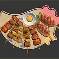 Grilled Assorted Meat And Vegetable Skewers With Yolk Sauce On Wooden Tray