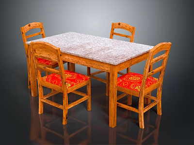 Wooden Dining Set with Marble Tabletop Four Chairs and Red Patterned Cushions 3d model