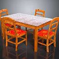 Wooden Dining Set with Marble Tabletop Four Chairs and Red Patterned Cushions 3d model