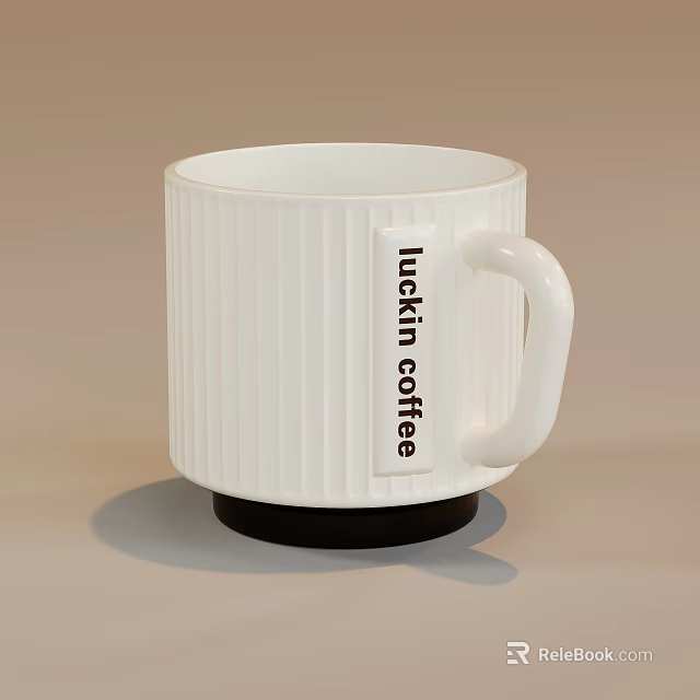 White Ribbed Coffee Mug With Lockin Coffee Label And Black Base 3d model 