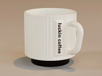 White Ribbed Coffee Mug With Lockin Coffee Label And Black Base 3d model