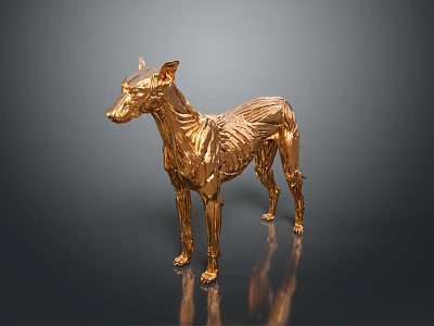 Golden Dog Sculpture With Shiny Metallic Surface And Artistic Standing Design 3d model