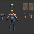 Cartoon Worker in Yellow Hard Hat Blue Overalls Holding Angle Grinder Welding Helmet and Sparks
