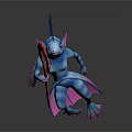 Fantasy Character Mythical Creature With Blue Pink Body Holding Red Staff In Dynamic Stance