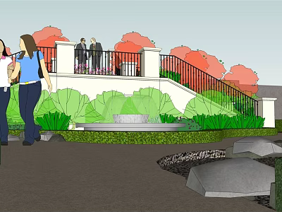 Residential Landscape With Stone Steps Black Railing Green Plants Red Trees And People 3d model