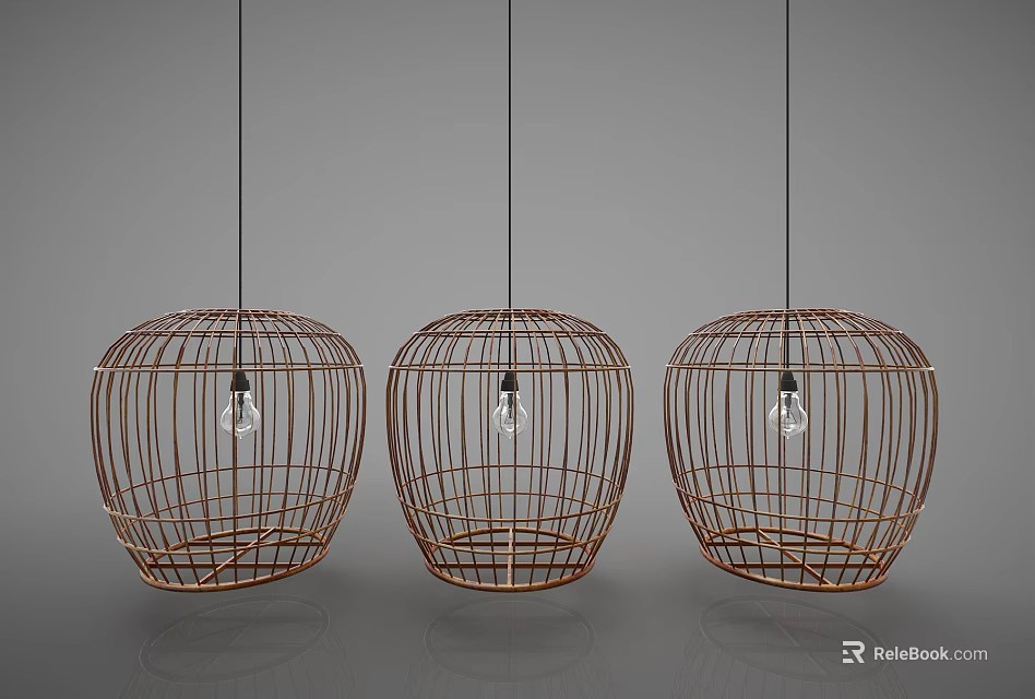 Three Hanging Woven Rattan Pendant Lights With Circular Cage Design And Bulbs 3d model 
