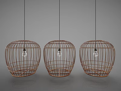 Three Hanging Woven Rattan Pendant Lights With Circular Cage Design And Bulbs 3d model