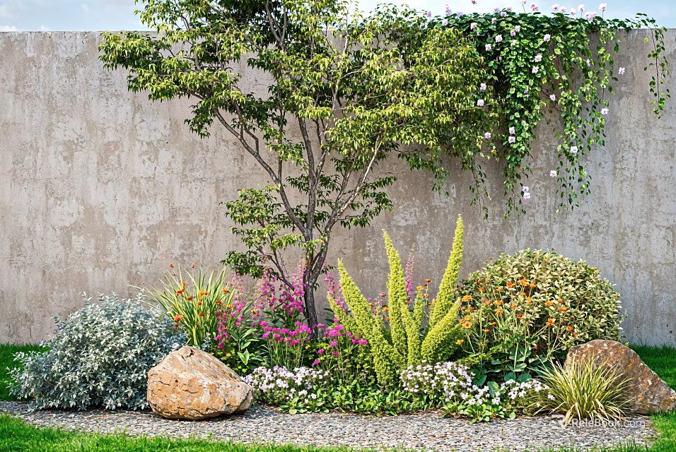 Outdoor Garden With Various Flowers Plants Vines Gray Wall And Stones 3d model 