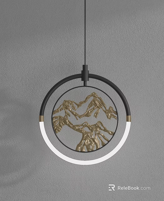 Modern Pendant Light With Black Circular Frame Gold Mountain Pattern And White LED Strip 3d model