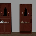 Mahogany Display Cabinets With Golden Statues Candles Stacked Items And Glass Jars