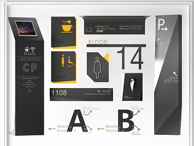 Wayfinding Signs With Floor Numbers Room Labels Direction Arrows And Facility Icons 3d model