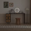 Modern Dressing Table With Round Mirror Orange Stool Floor Lamp And Framed Paintings