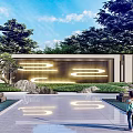 Modern Scenic Wall with Lighting Design and Water Pool Surrounded by Green Plants