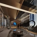Modern Lobby Interior With Waterfall Backdrop Circular Decor Sofa And Marble Floor