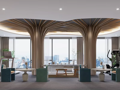 Modern versatile interior with arched wooden structures large windows city view fitness equipment green seats 3d model