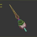Decorative Metal Spear With Sharp Blade Green Gold Accents Helmet Shaped Head And Wooden Handle