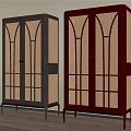 Two Modern Wooden Wardrobes With Double Doors Rattan Grid Design And Slim Legs