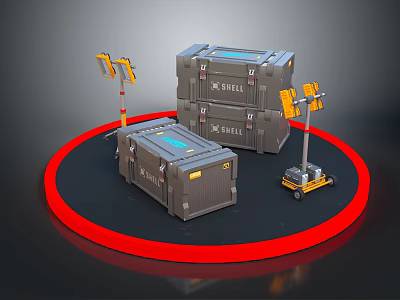 Household Storage Containers With X SHELL Label Yellow Tools And Red Circular Platform 3d model