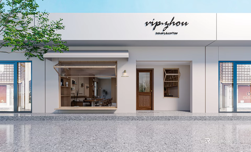 White Building Exterior Café Featuring Wooden Door Canopy Window Interior Tables And Green Plants 3d model 