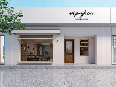 White Building Exterior Café Featuring Wooden Door Canopy Window Interior Tables And Green Plants 3d model