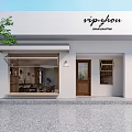 White Building Exterior Café Featuring Wooden Door Canopy Window Interior Tables And Green Plants