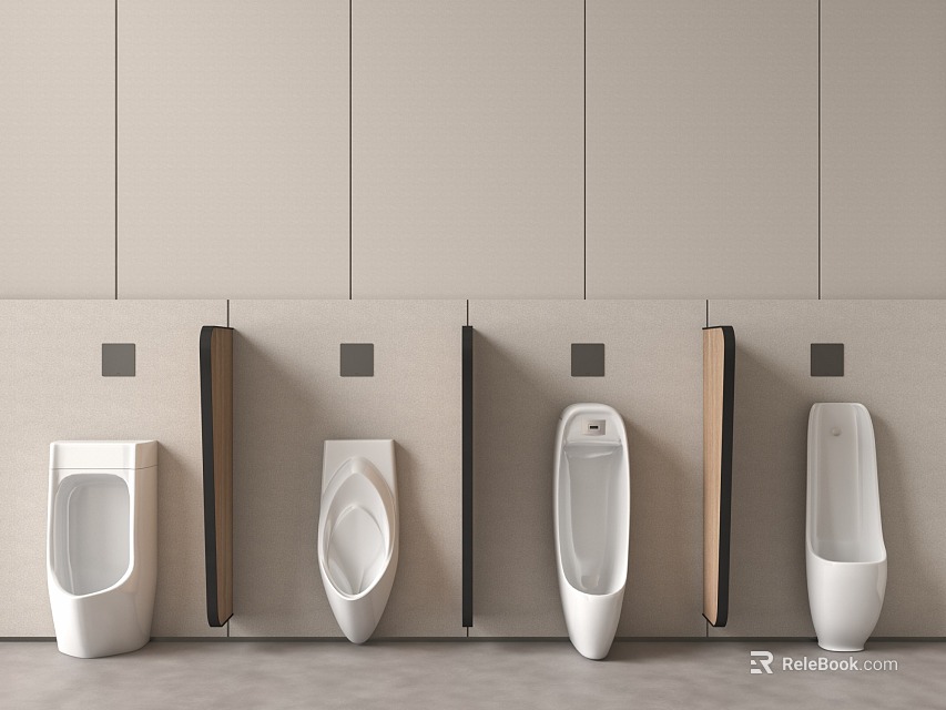Multiple White Urinals Installed On Beige Wall In Modern Public Restroom 3d model 