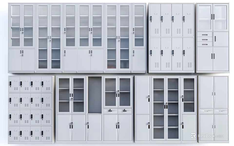 Versatile White Storage Cabinets with Glass Doors Drawers and Multiple Compartments 3d model 