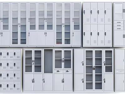 Versatile White Storage Cabinets with Glass Doors Drawers and Multiple Compartments 3d model