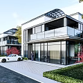 Modern White Detached Villa Exterior With Large Glass Windows Balcony Garden Plants And Driveway Car