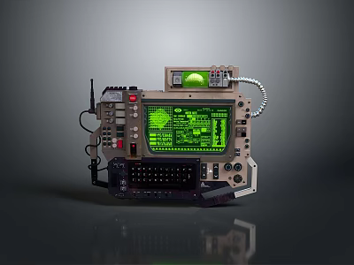 Vintage Industrial Control Panel with Green Screen Data Display Buttons Knobs Antenna and Cables 3d model