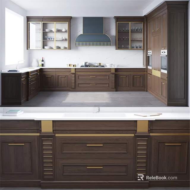 Modern Kitchen Design With Dark Brown Wooden Cabinets Gold Hardware And White Countertop 3d model 