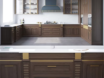 Modern Kitchen Design With Dark Brown Wooden Cabinets Gold Hardware And White Countertop 3d model