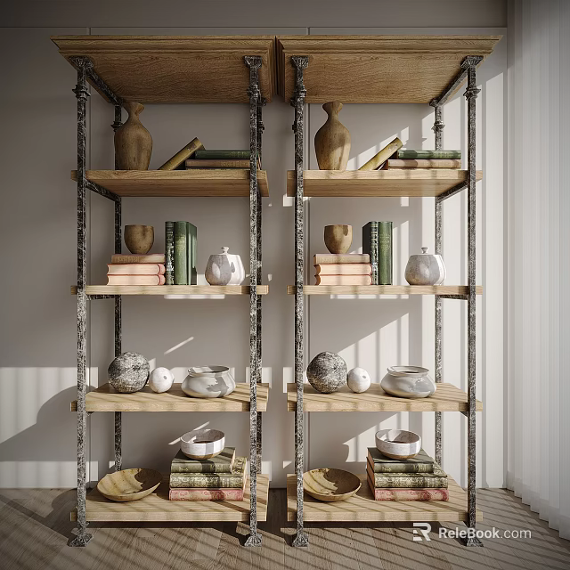 Industrial Wooden Shelf Unit With Metal Frame Vases Books Bowls And Decorative Items 3d model 