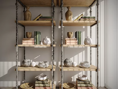 Industrial Wooden Shelf Unit With Metal Frame Vases Books Bowls And Decorative Items 3d model
