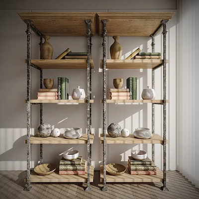 Industrial Wooden Shelf Unit With Metal Frame Vases Books Bowls And Decorative Items 3d model