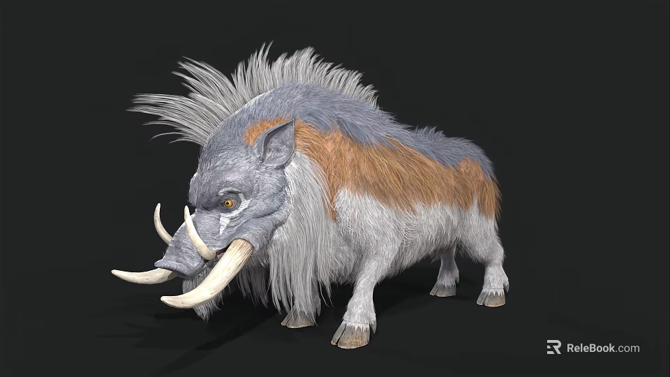 3D Rendered Fantasy Wild Boar With Gray Brown Fur And Long Tusks 3d model 