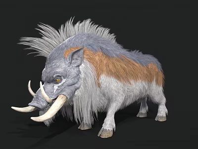 3D Rendered Fantasy Wild Boar With Gray Brown Fur And Long Tusks 3d model