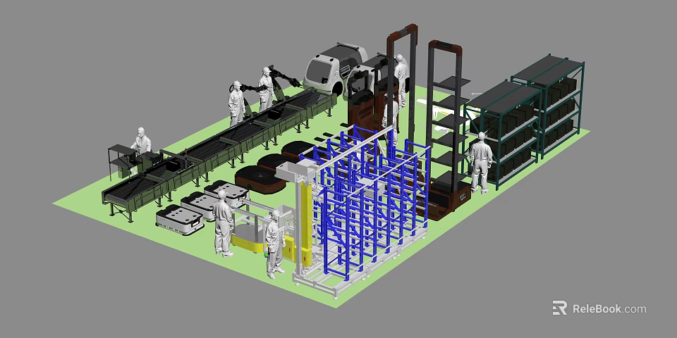 Smart Industrial Park With Automated Production Line Robots Workers And Storage Racks 3d model 